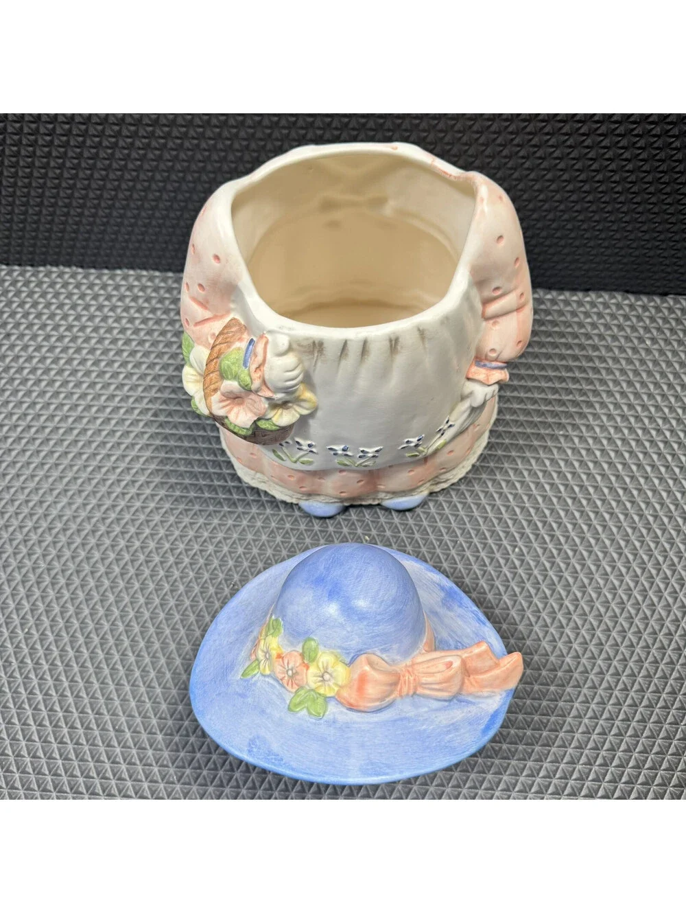 Takahashi Ceramic Bonnet Flower Maiden Girl Basket Cookie Jar 12” Vintage Japan